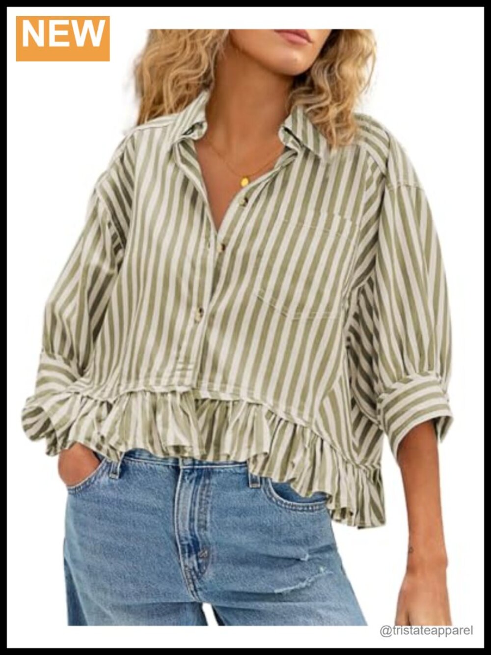 Womens Ruffled Button Down Striped Blouse Short Sleeve Babydoll Top